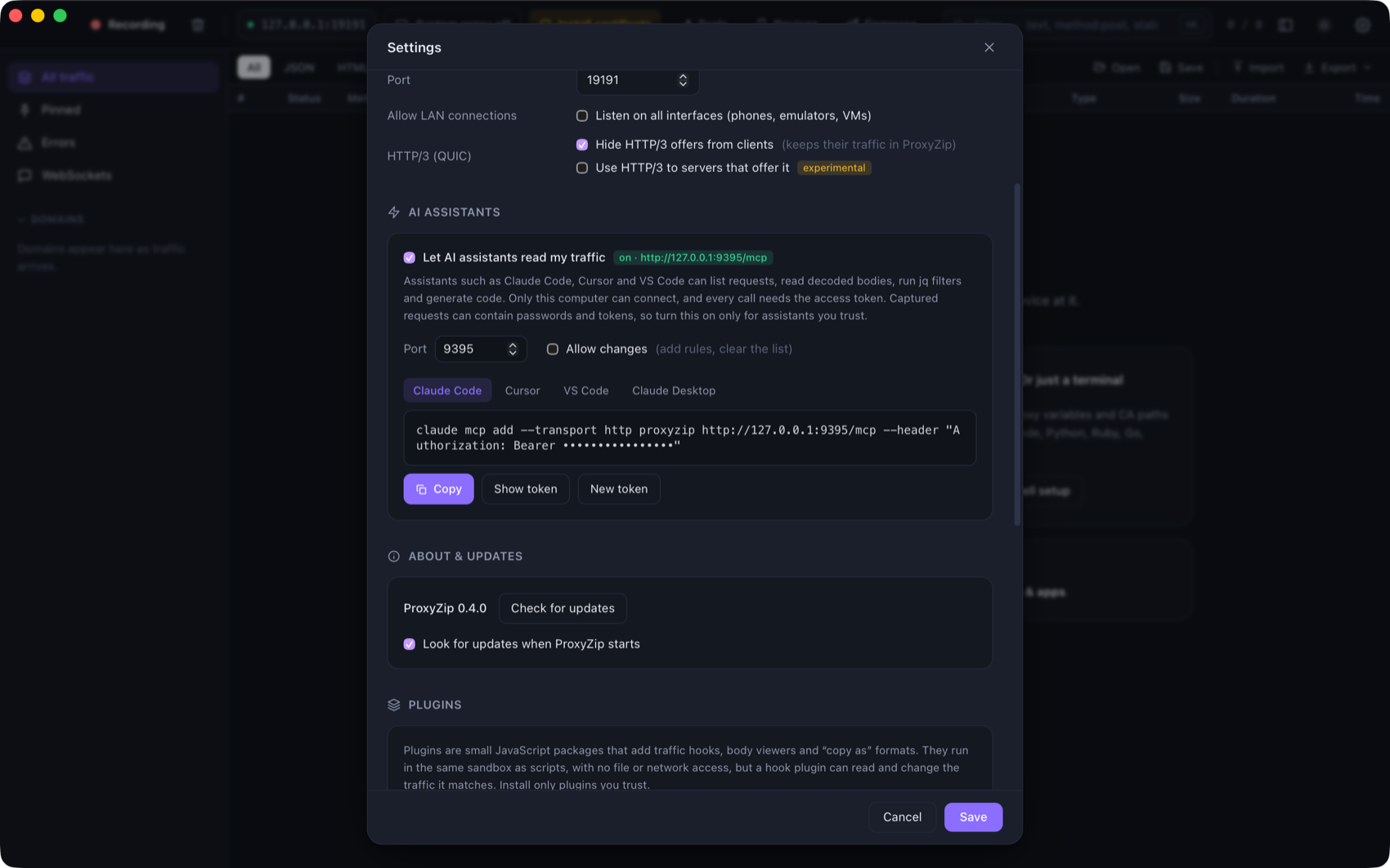 Settings with the AI assistants section and a ready-to-copy setup command
