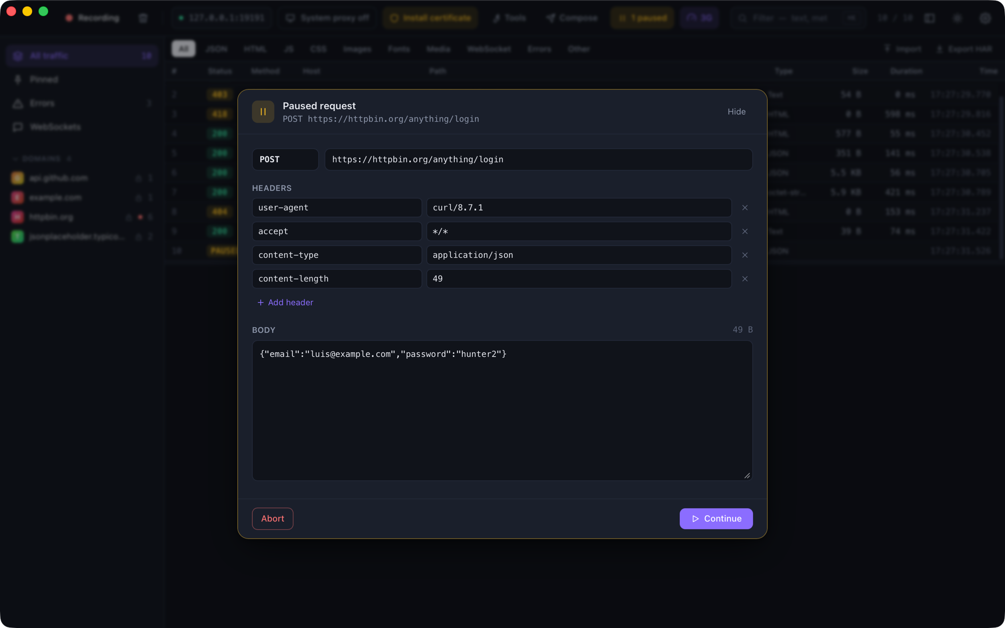 The breakpoint editor holding a POST request