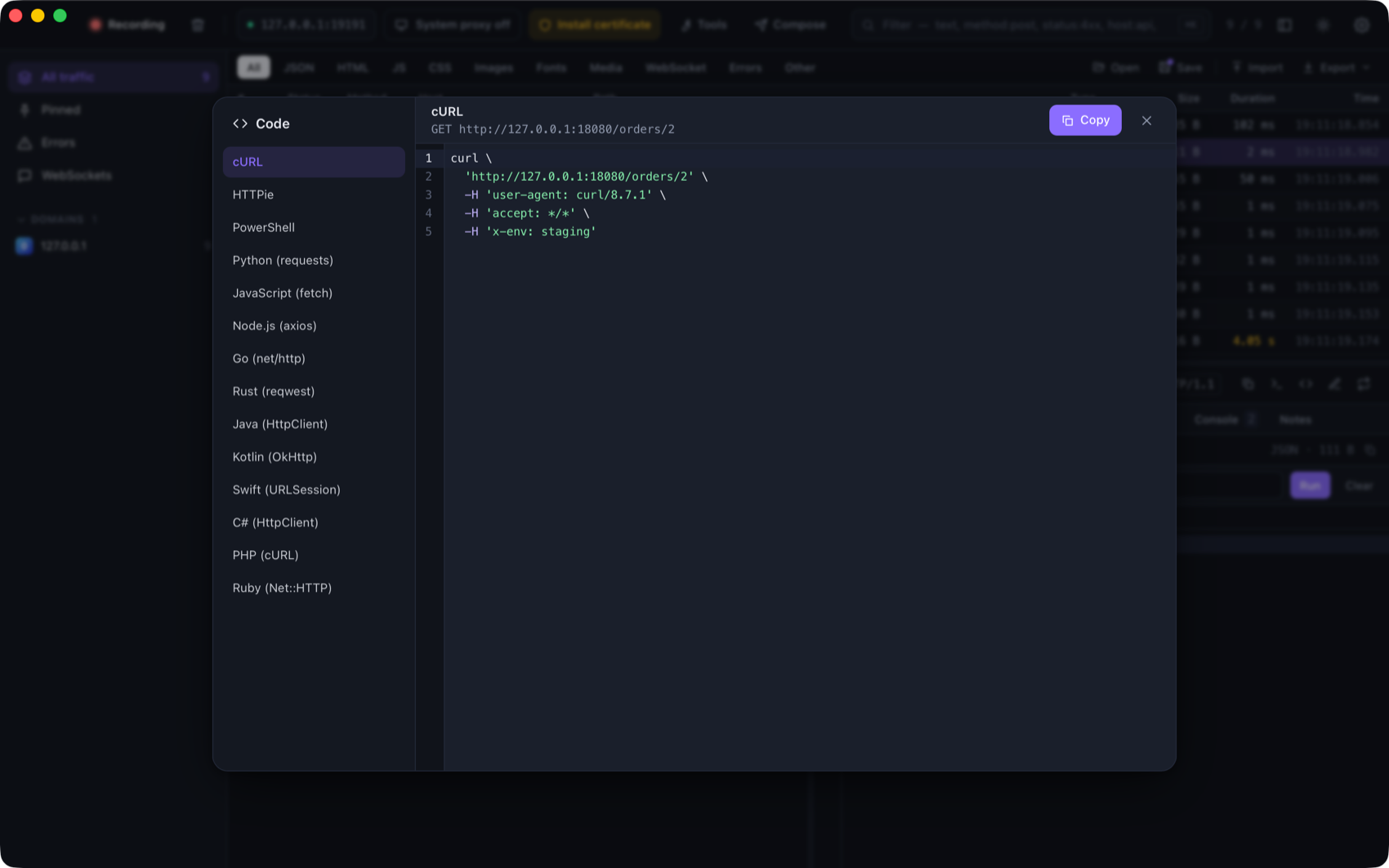 The Code window with one tab per language