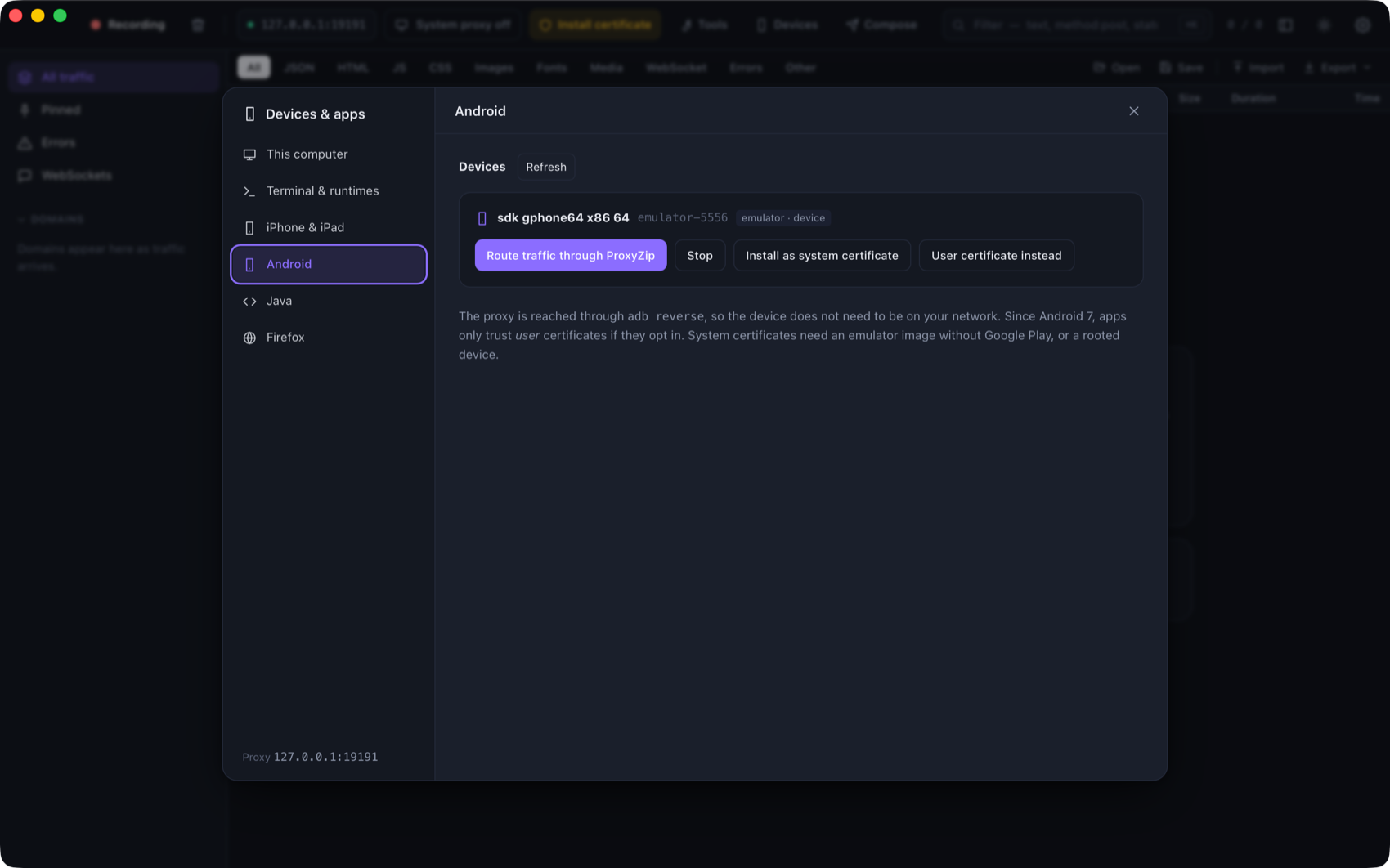 The Devices window listing an Android emulator with one-click setup