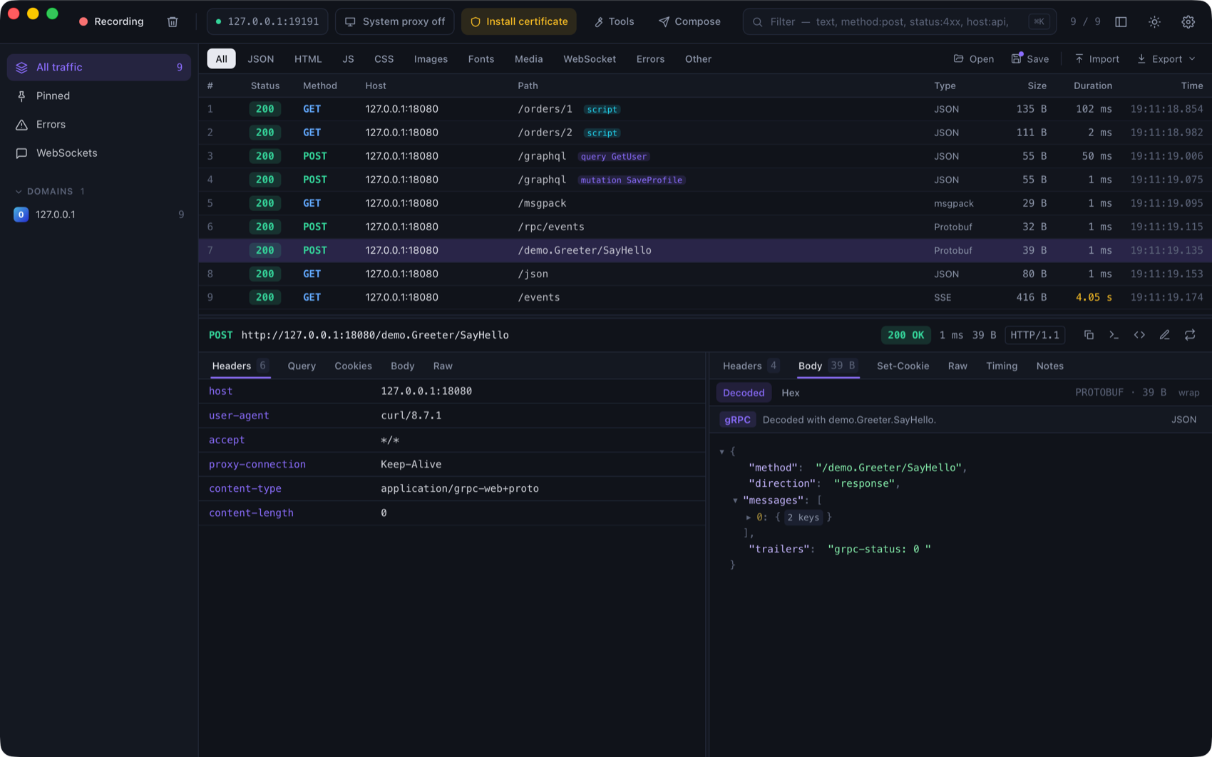 A gRPC-Web response decoded with its schema