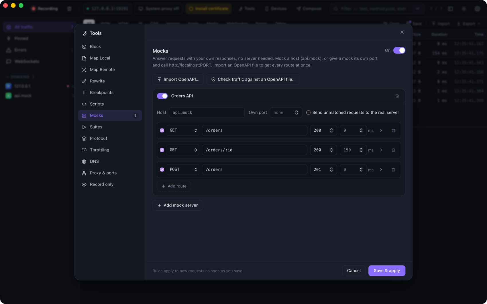 The Mocks tool with an Orders API mock server and three routes