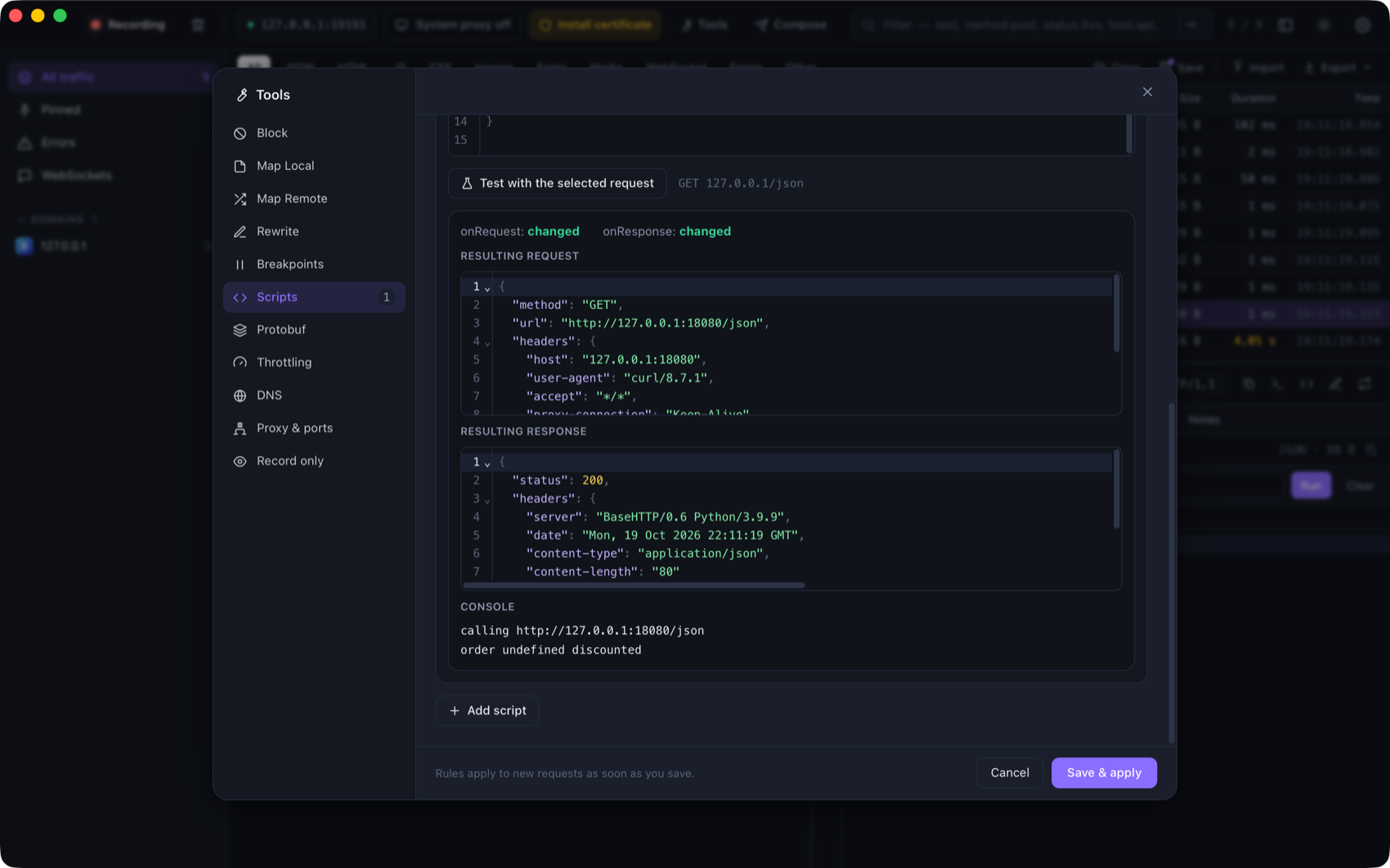 The Scripts tool with a test run showing the resulting request, response and console