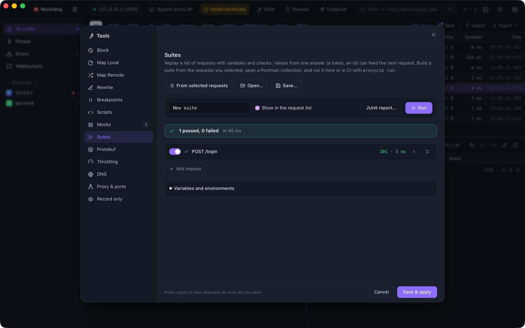 The Suites tool after running a suite: 1 passed, 0 failed