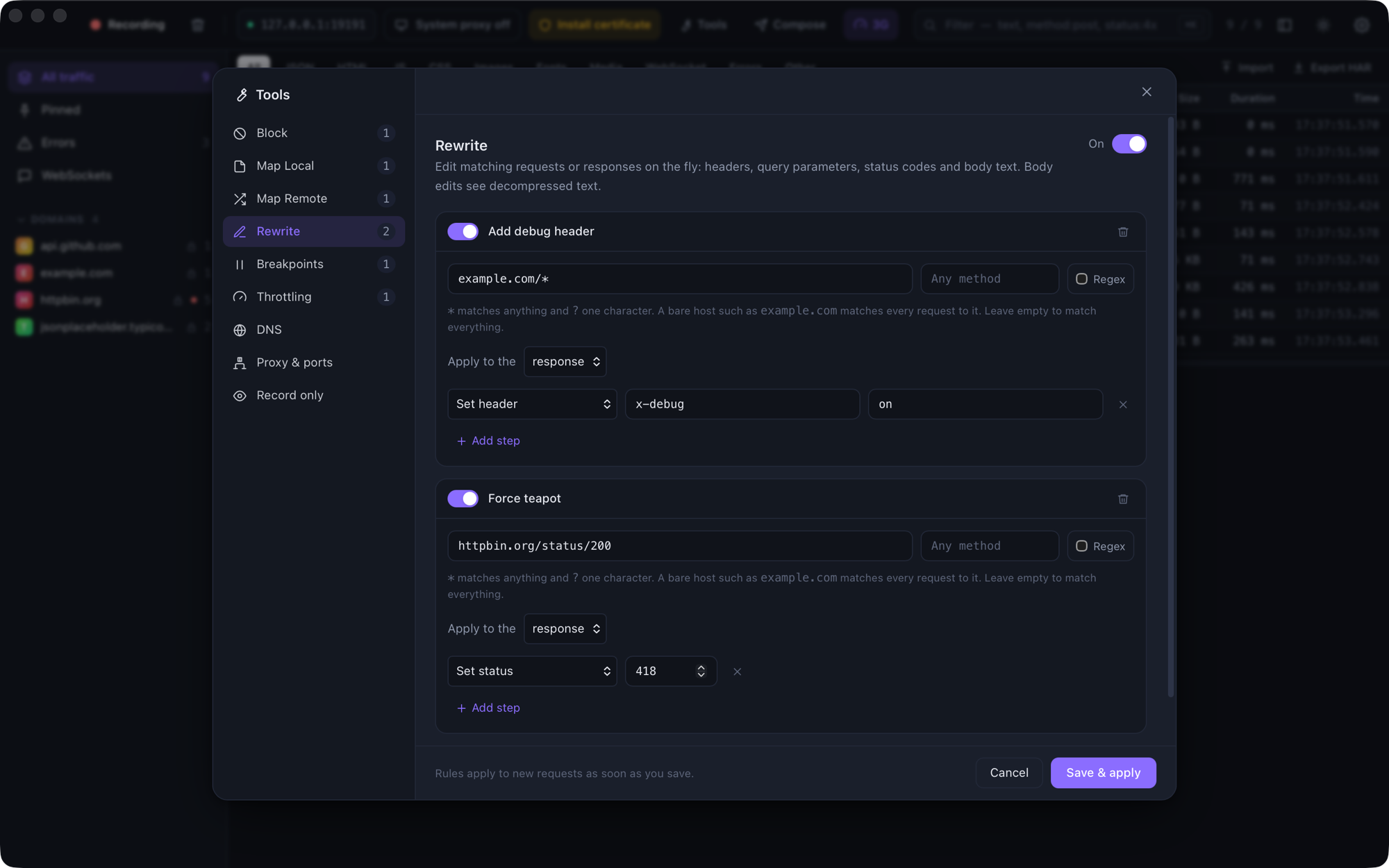 The Tools panel showing two rewrite rules