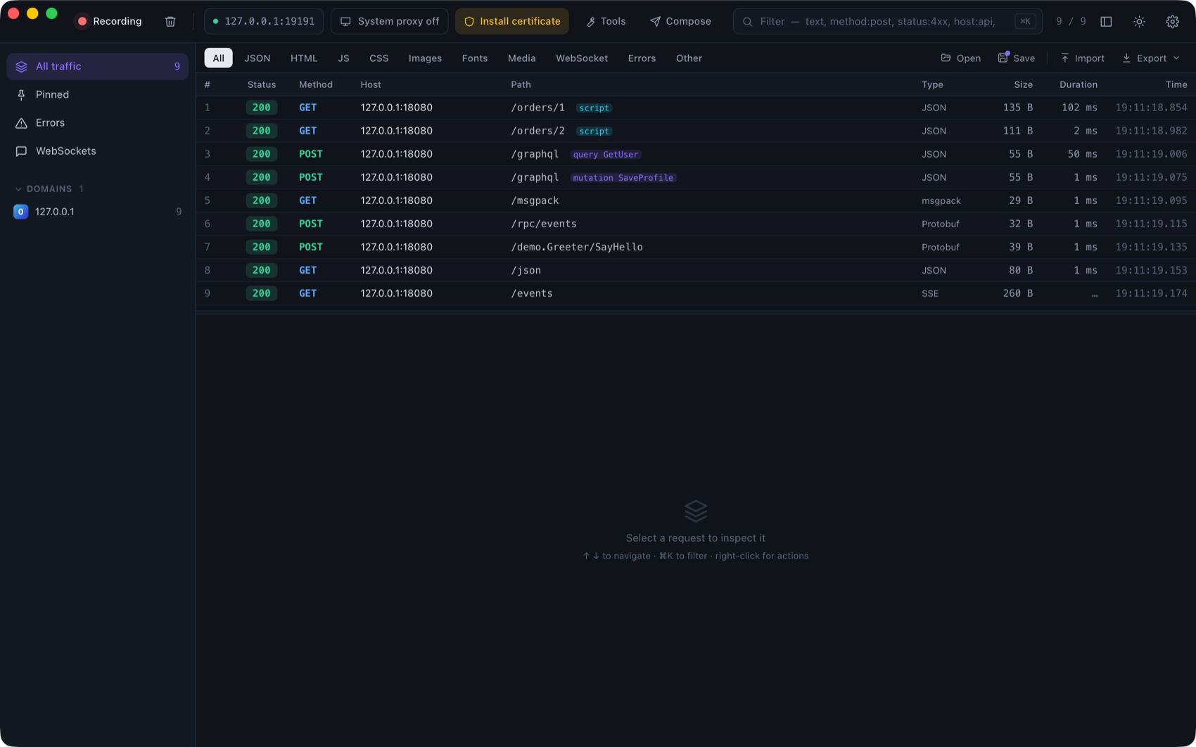 The traffic list with GraphQL operation names, script tags, MessagePack, Protobuf and SSE rows