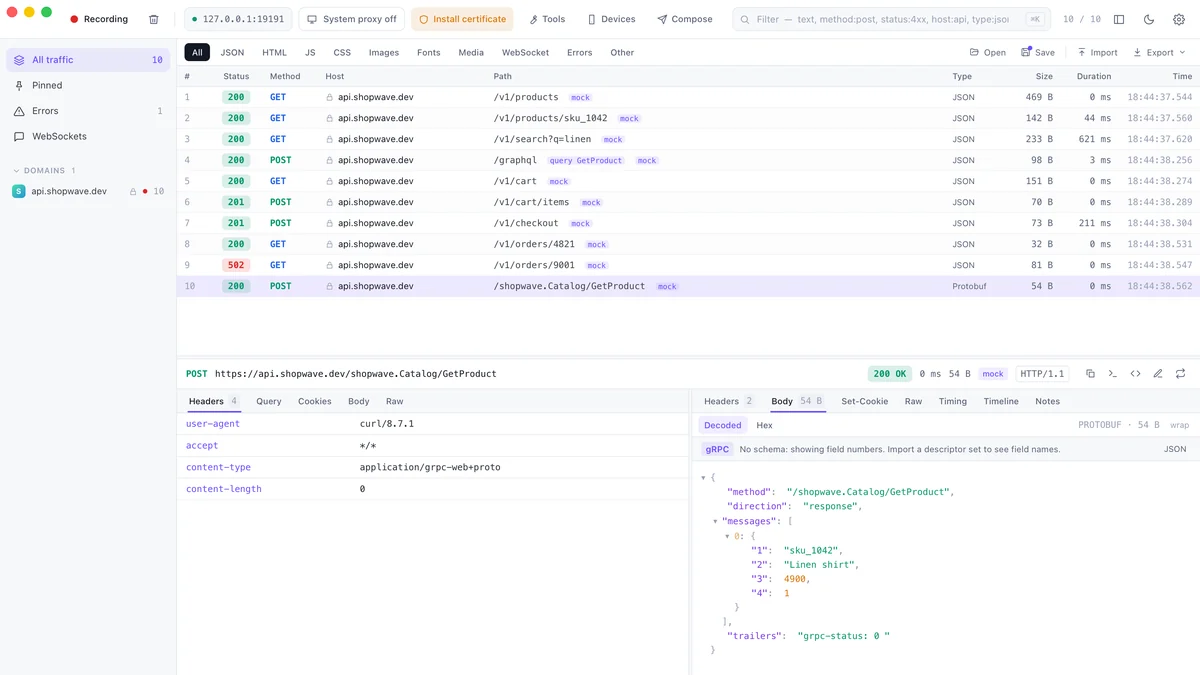 A gRPC-Web response decoded into numbered protobuf fields in the ProxyZip inspector