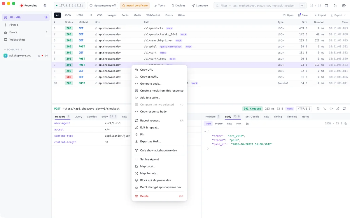 Context menu on a request with Set breakpoint, Map Local, Map Remote, Block and Don't decrypt