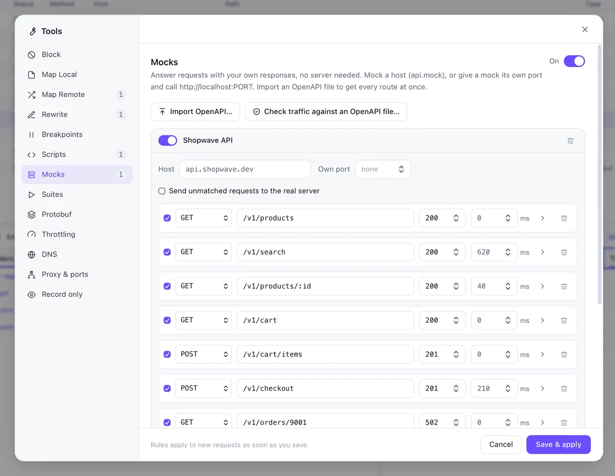 The Mocks window listing routes of a mock server for api.shopwave.dev with status codes and delays