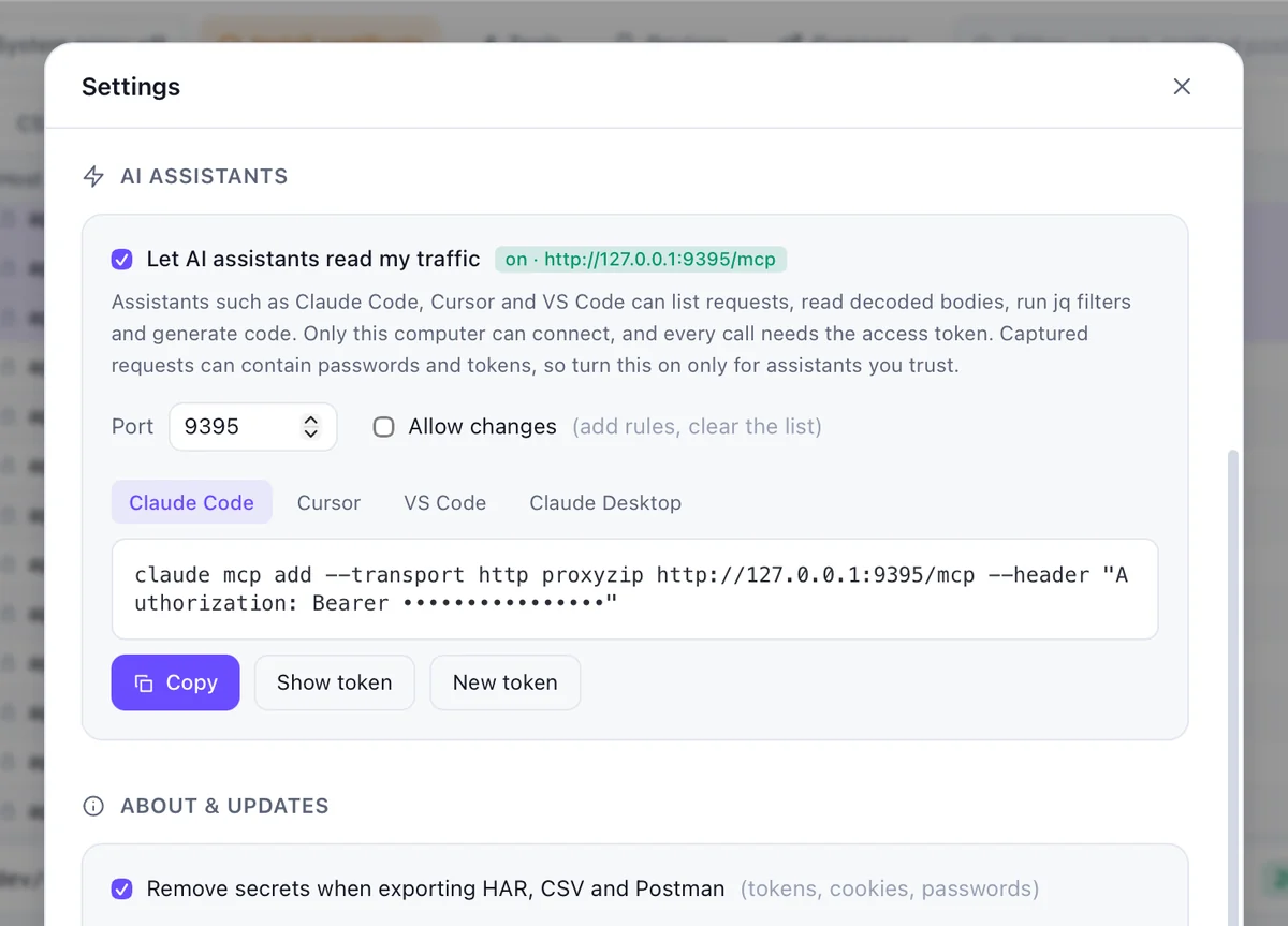 Settings page for AI assistants with the MCP address and a masked token