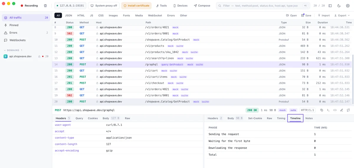 A Timeline tab added by a plugin to the response inspector